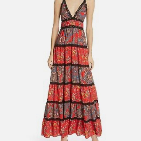 Alice + Olivia Dresses & Skirts - ALICE + OLIVIA Red Floral Black V-Neck Lace KAROLINA Tiered Maxi Dress